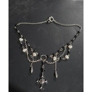 Gothic‎ Cross Necklace Silver Black Rosary Pearl Spike Grunge